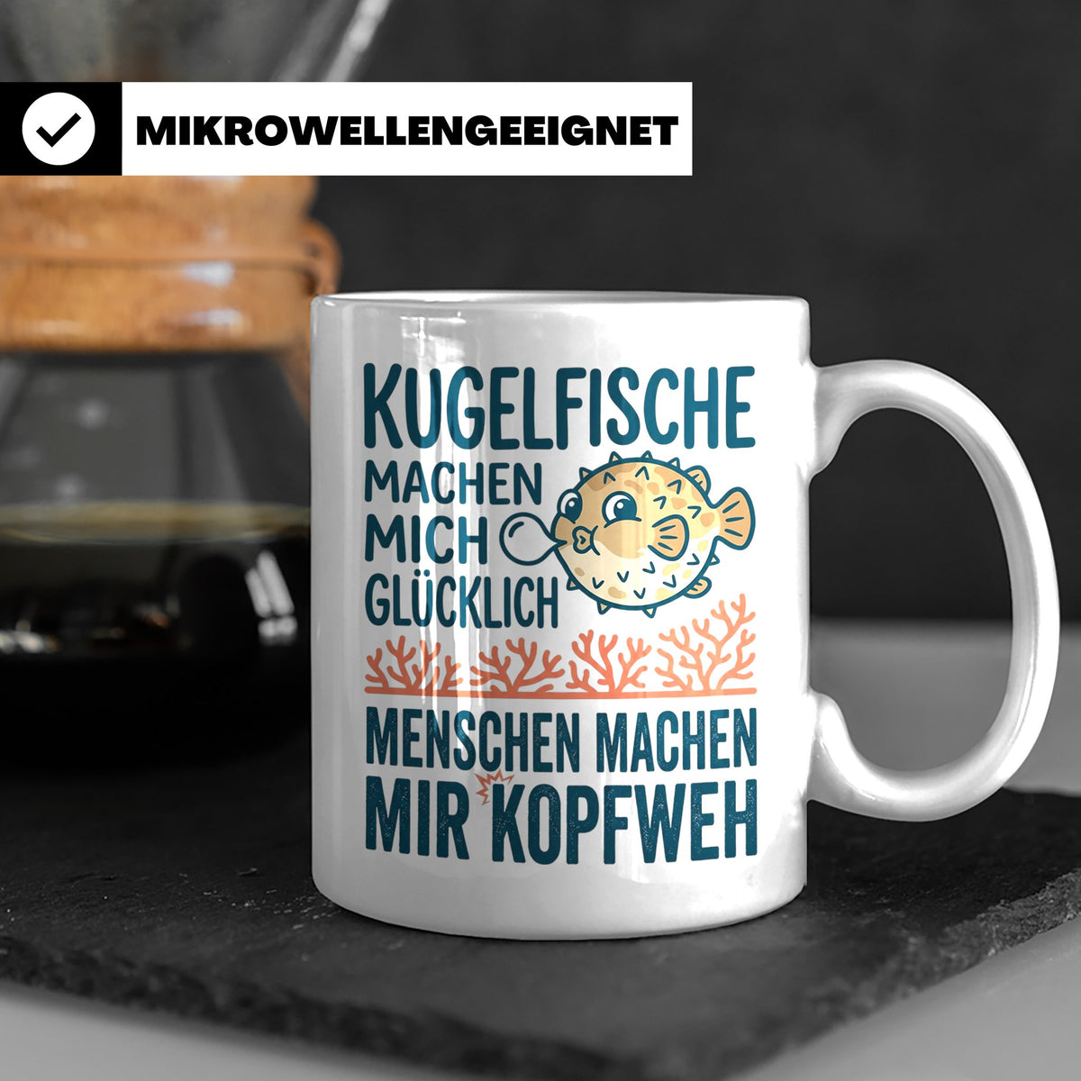Kugelfisch Tasse mit Spruch Menschen Kopfweh. Lustiger Kaffe – Weiß [farbe:weiß]
