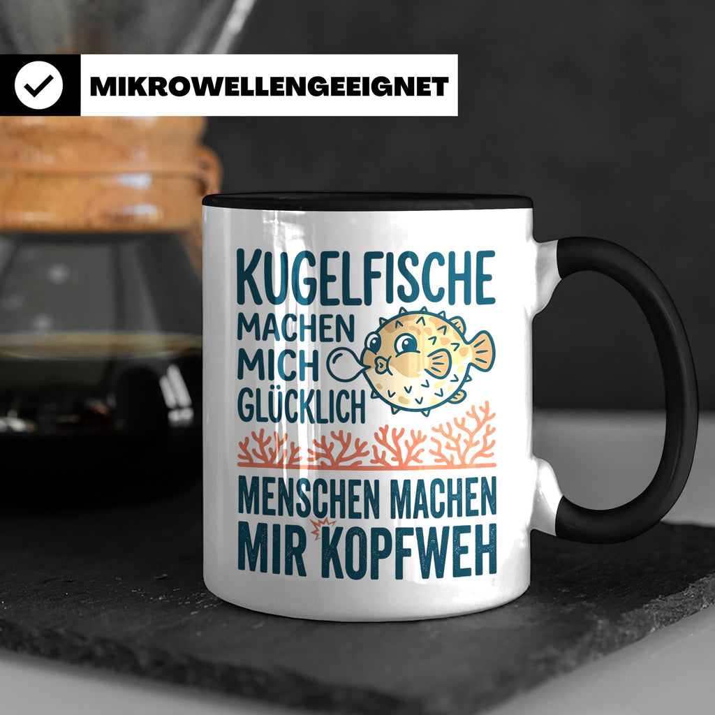 Kugelfisch Tasse mit Spruch Menschen Kopfweh. Lustiger Kaffe – Schwarz [farbe:schwarz]