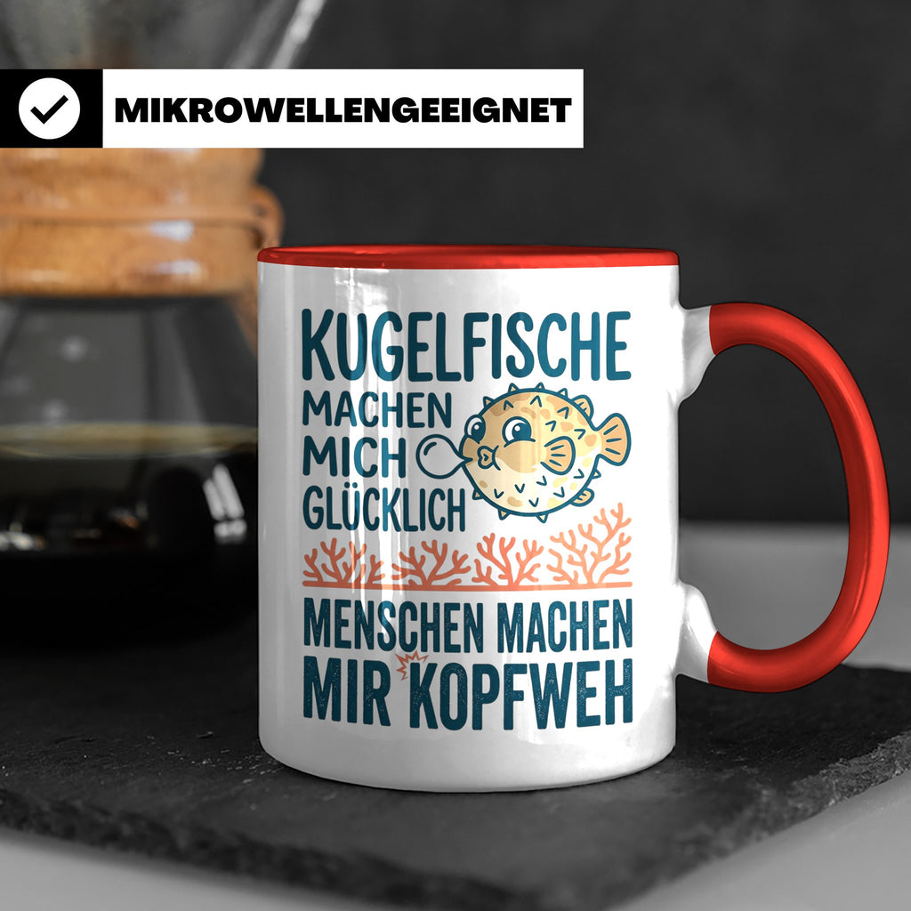 Kugelfisch Tasse mit Spruch Menschen Kopfweh. Lustiger Kaffe – Rot [farbe:rot]