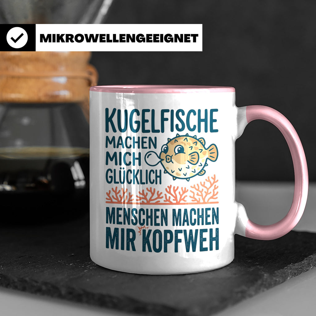 Kugelfisch Tasse mit Spruch Menschen Kopfweh. Lustiger Kaffe – Rosa [farbe:rosa]