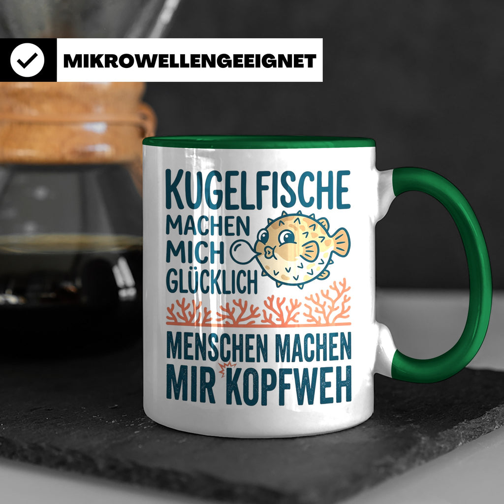 Kugelfisch Tasse mit Spruch Menschen Kopfweh. Lustiger Kaffe – Grün [farbe:grün]