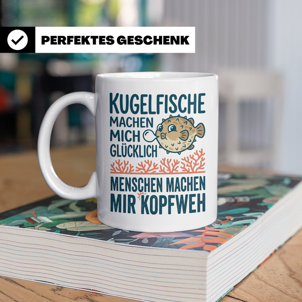 Kugelfisch Tasse mit Spruch Menschen Kopfweh. Lustiger Kaffe – Weiß [farbe:weiß]