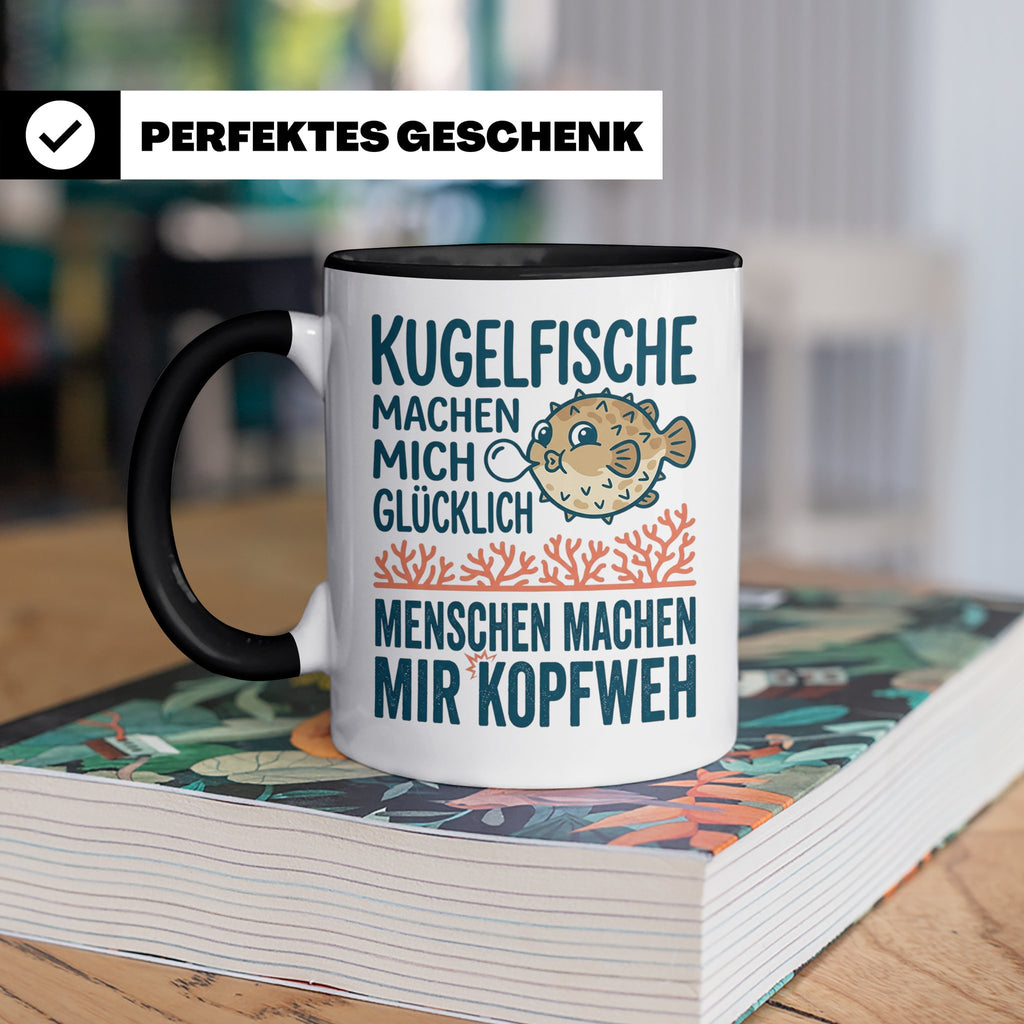 Kugelfisch Tasse mit Spruch Menschen Kopfweh. Lustiger Kaffe – Schwarz [farbe:schwarz]