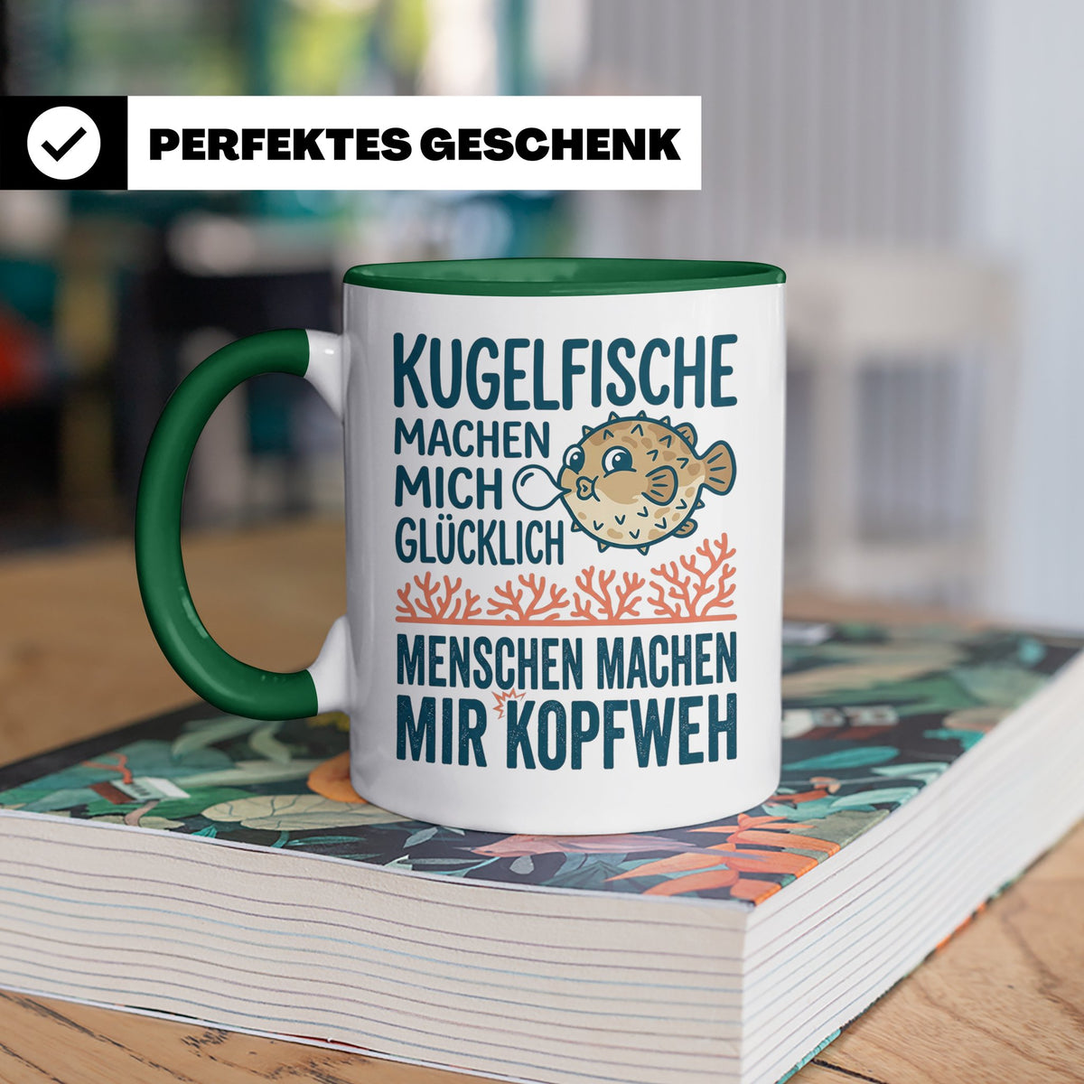 Kugelfisch Tasse mit Spruch Menschen Kopfweh. Lustiger Kaffe – Grün [farbe:grün]