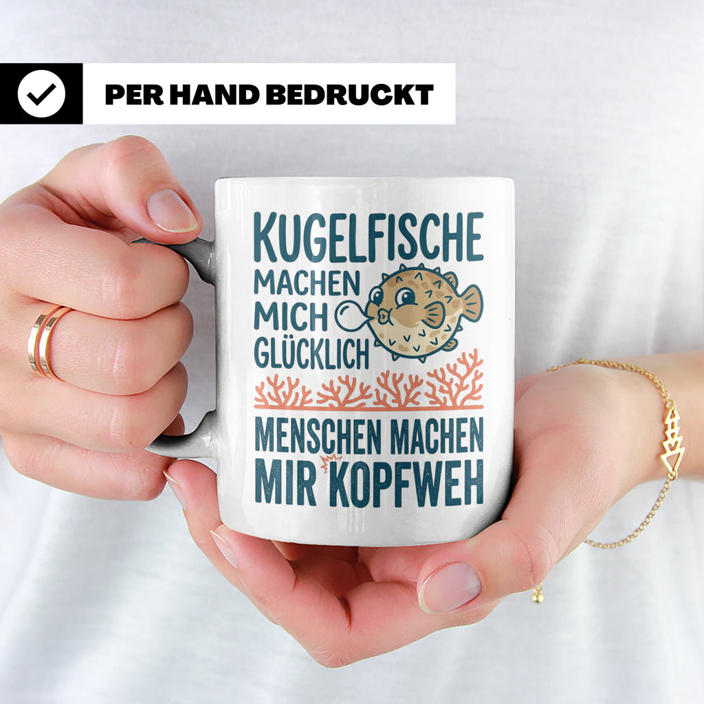 Kugelfisch Tasse mit Spruch Menschen Kopfweh. Lustiger Kaffe – Weiß [farbe:weiß]