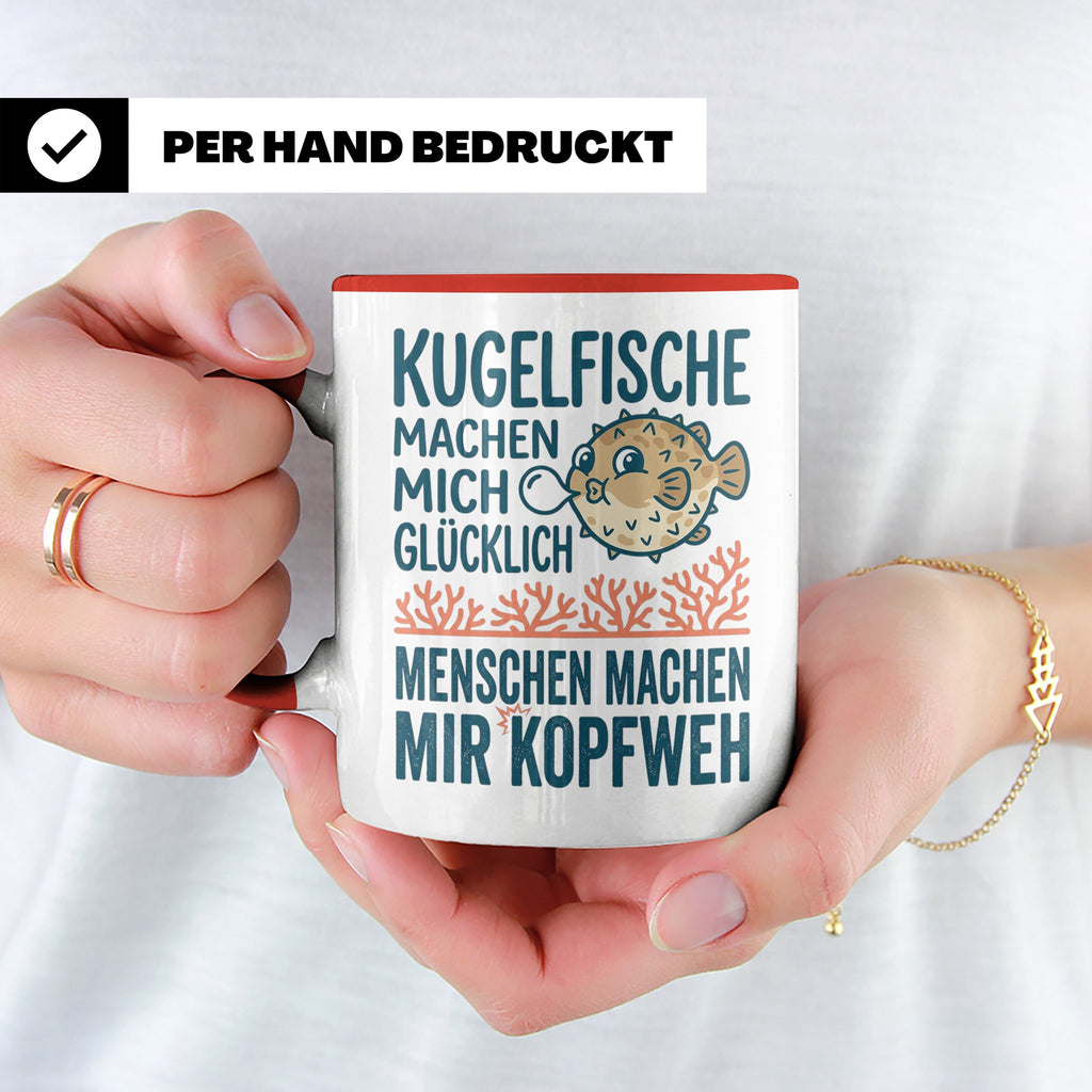 Kugelfisch Tasse mit Spruch Menschen Kopfweh. Lustiger Kaffe – Rot [farbe:rot]