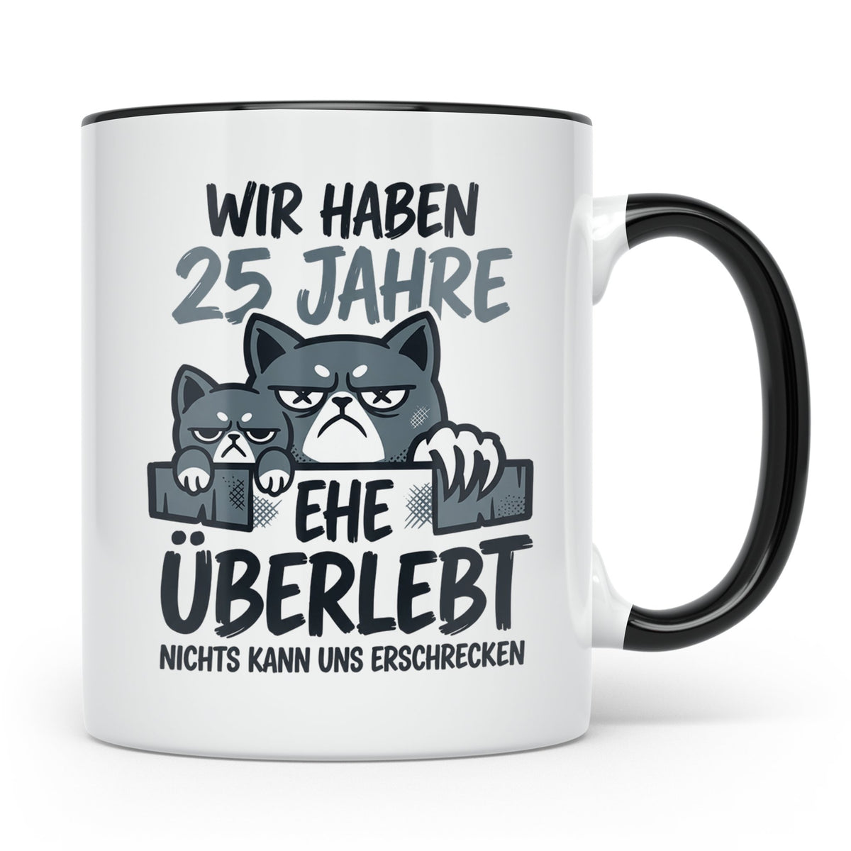 25. Hochzeitstag Tasse Silberhochzeit lustig mit Katze Motiv – Schwarz [farbe:schwarz]