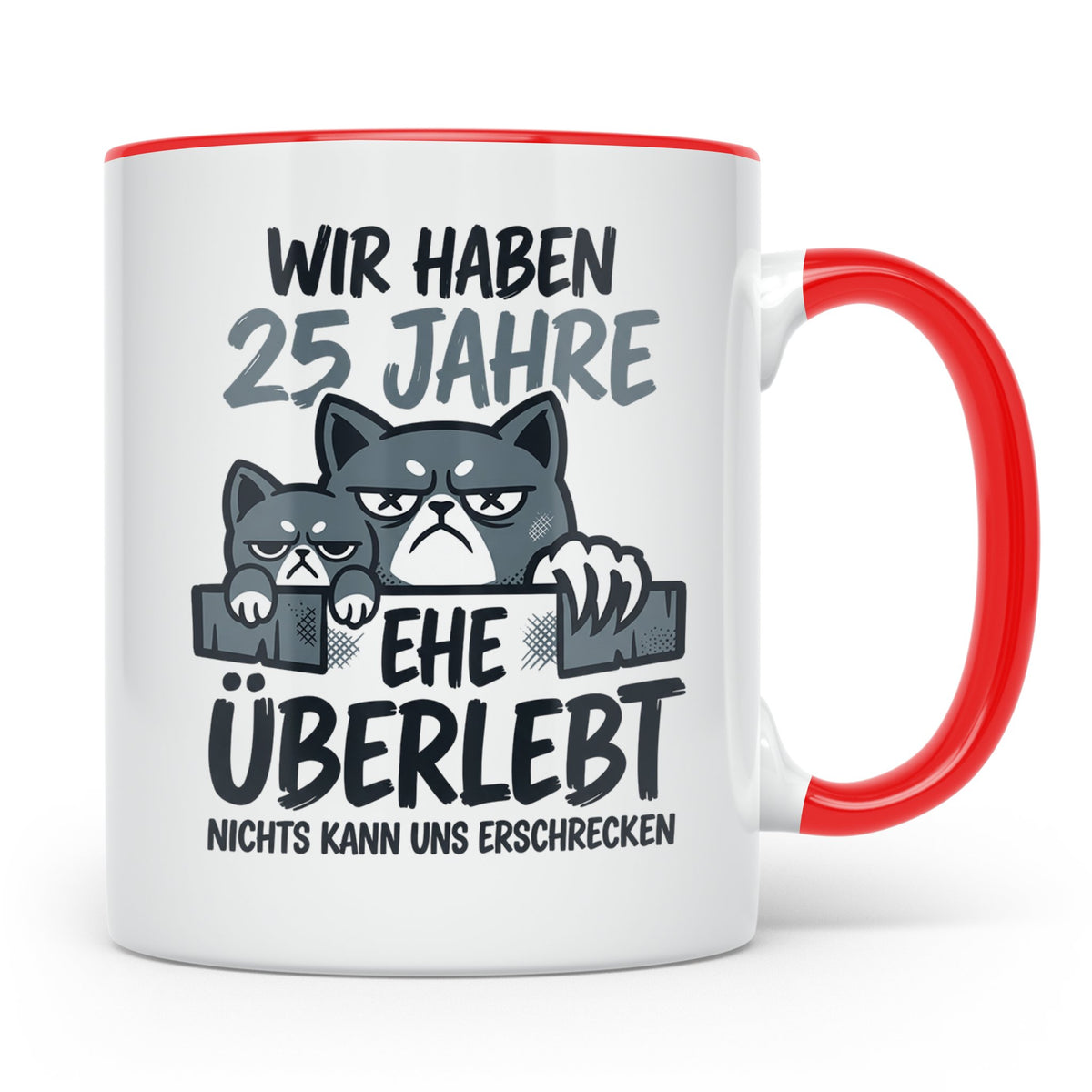 25. Hochzeitstag Tasse Silberhochzeit lustig mit Katze Motiv – Rot [farbe:rot]