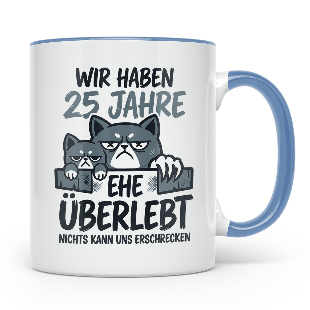 25. Hochzeitstag Tasse Silberhochzeit lustig mit Katze Motiv – Blau [farbe:blau]