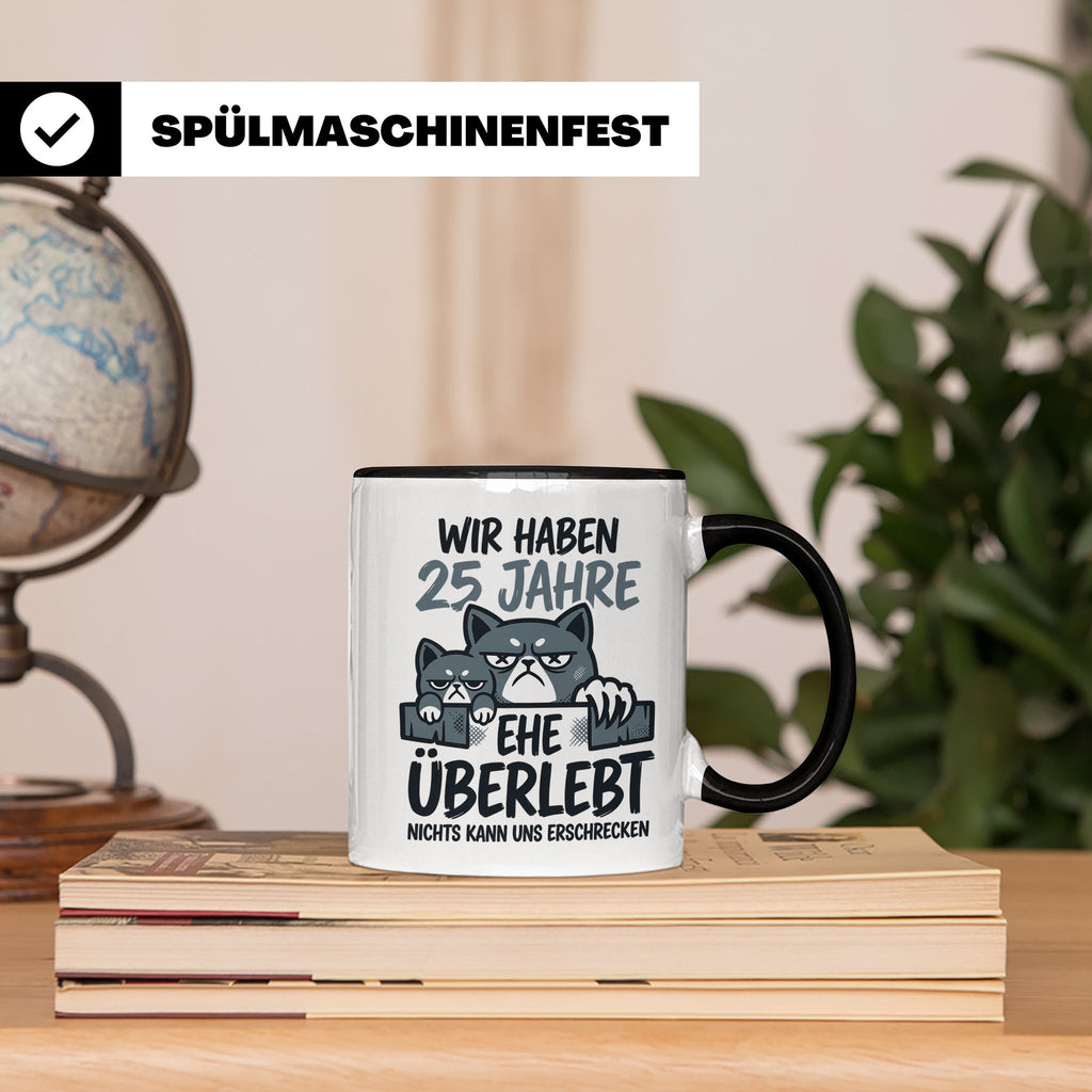 25. Hochzeitstag Tasse Silberhochzeit lustig mit Katze Motiv – Schwarz [farbe:schwarz]