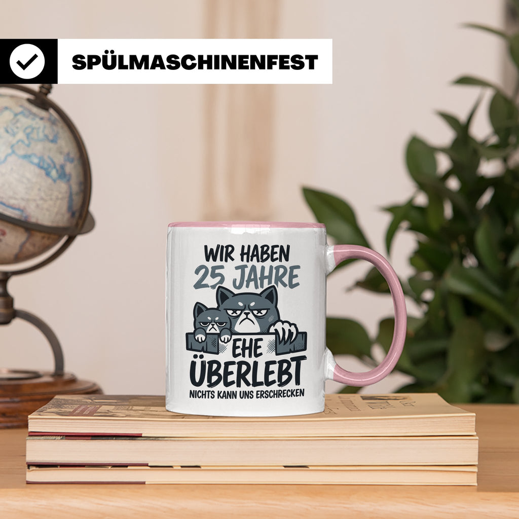 25. Hochzeitstag Tasse Silberhochzeit lustig mit Katze Motiv – Rosa [farbe:rosa]