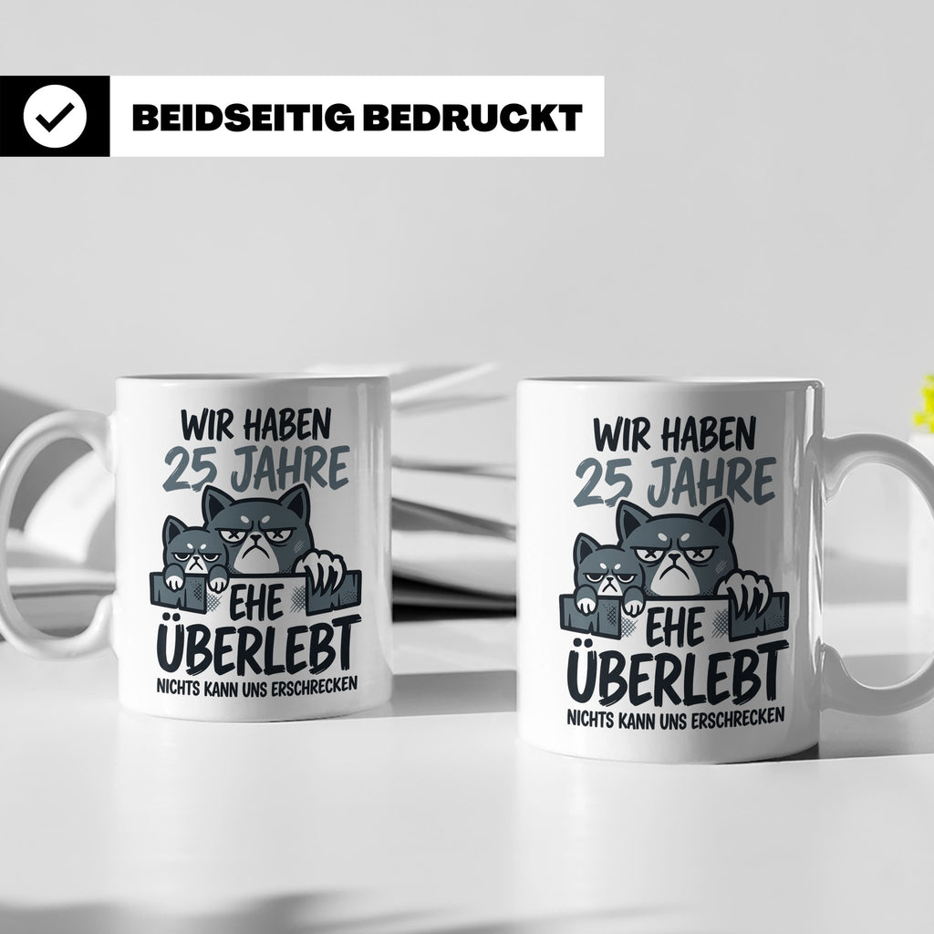 25. Hochzeitstag Tasse Silberhochzeit lustig mit Katze Motiv – Weiß [farbe:weiß]
