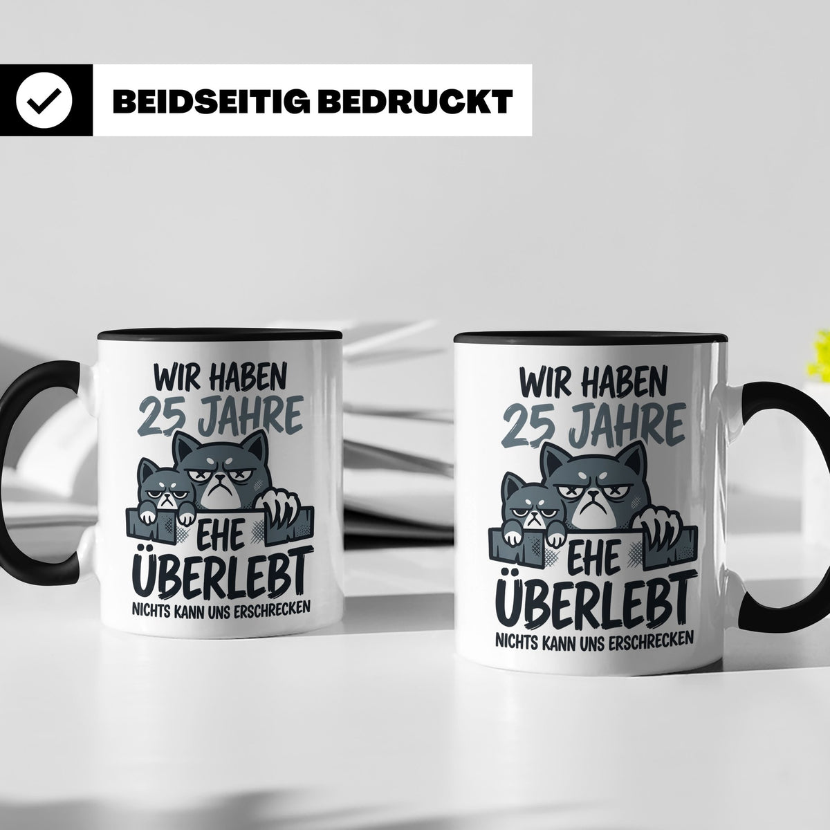 25. Hochzeitstag Tasse Silberhochzeit lustig mit Katze Motiv – Schwarz [farbe:schwarz]