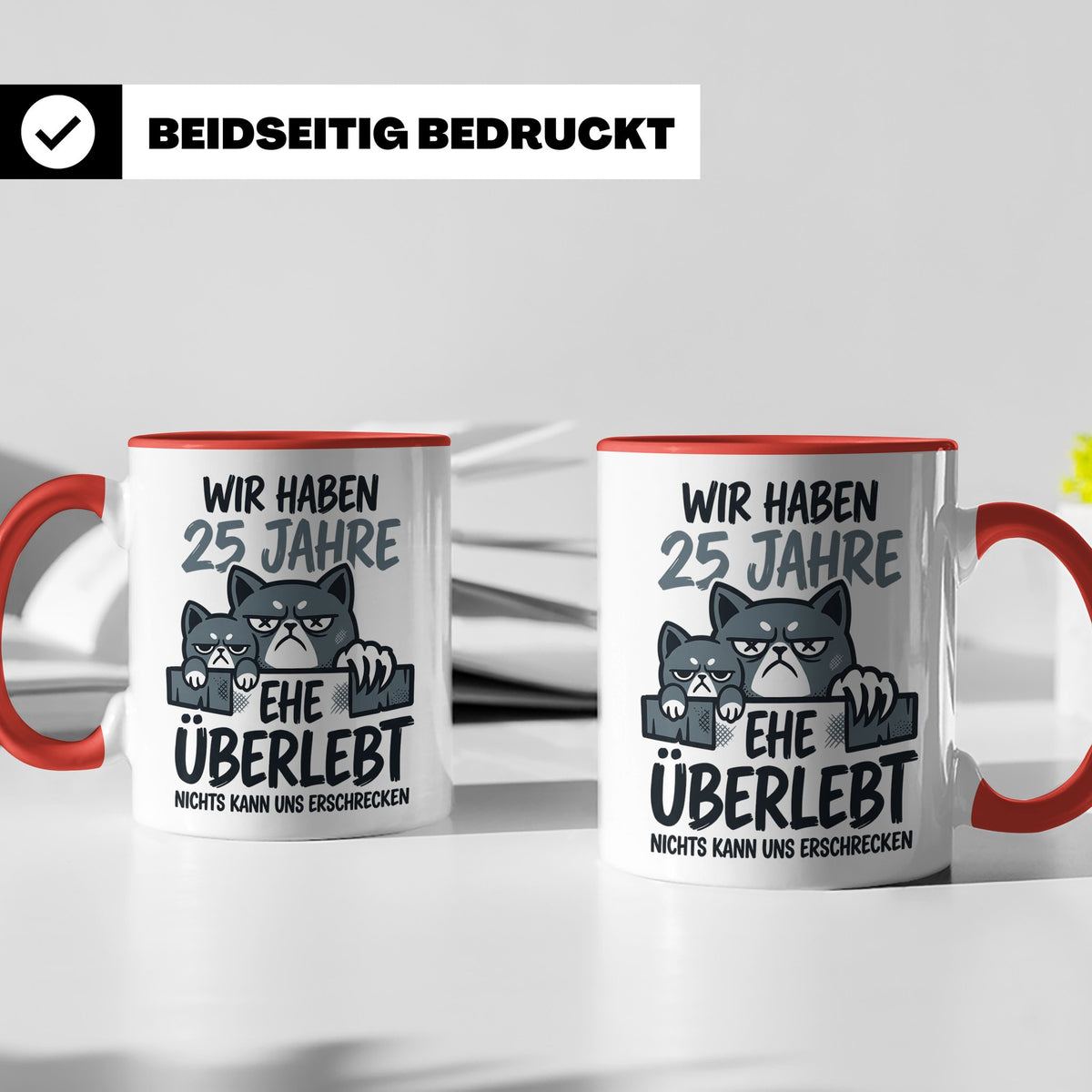 25. Hochzeitstag Tasse Silberhochzeit lustig mit Katze Motiv – Rot [farbe:rot]
