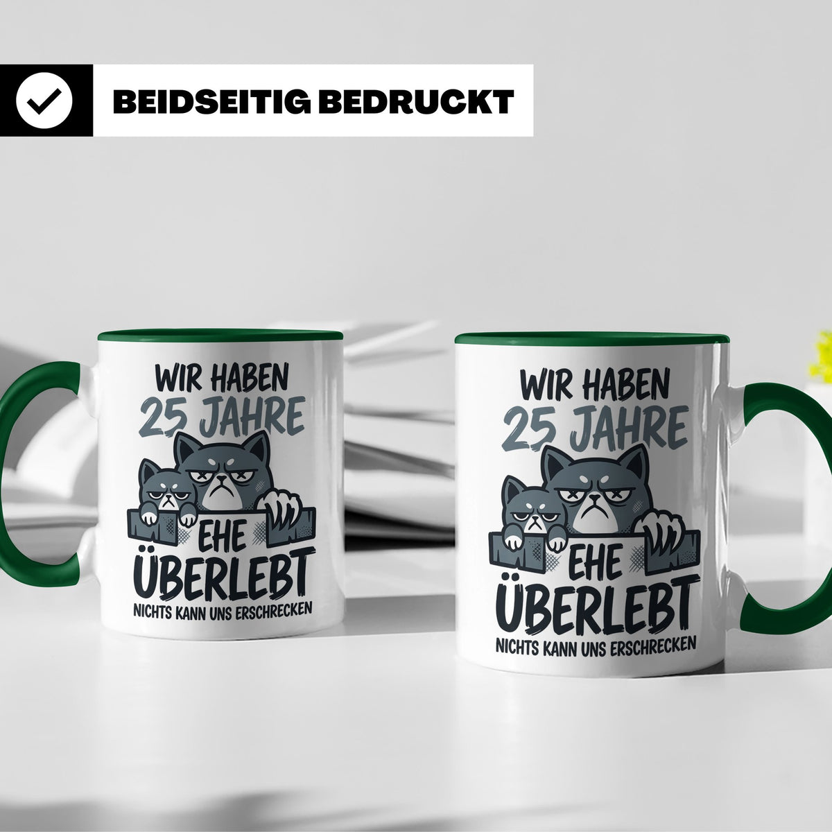 25. Hochzeitstag Tasse Silberhochzeit lustig mit Katze Motiv – Grün [farbe:grün]