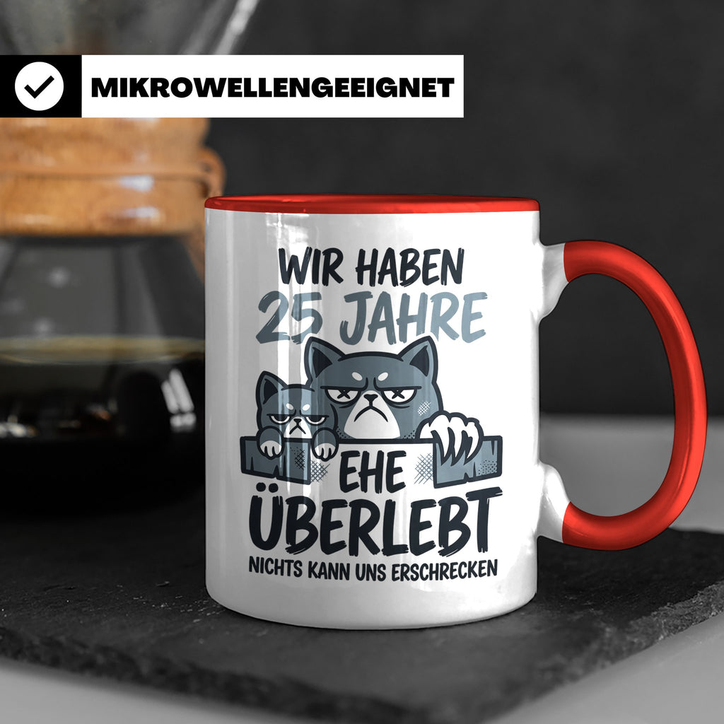 25. Hochzeitstag Tasse Silberhochzeit lustig mit Katze Motiv – Rot [farbe:rot]