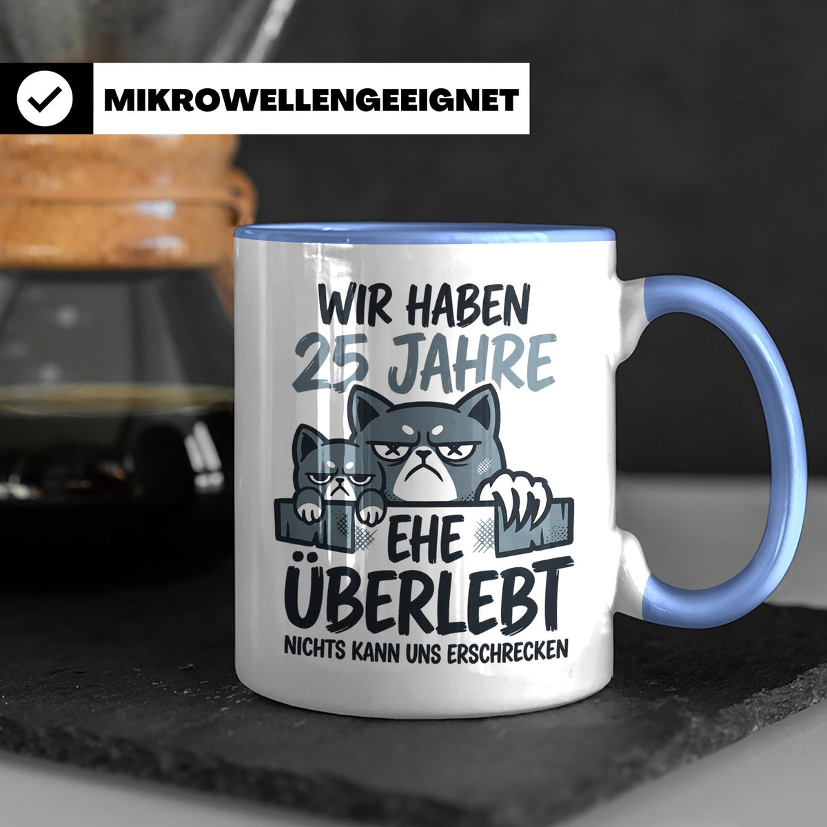 25. Hochzeitstag Tasse Silberhochzeit lustig mit Katze Motiv – Blau [farbe:blau]
