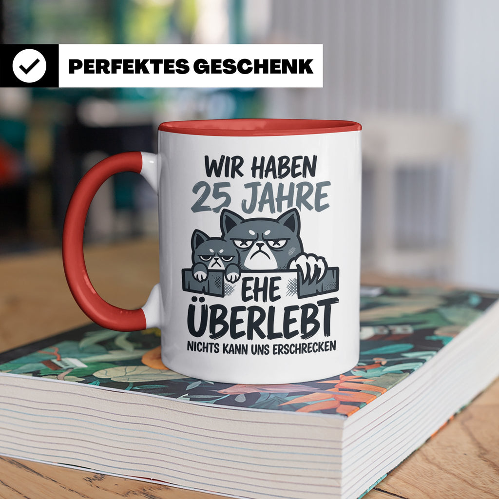 25. Hochzeitstag Tasse Silberhochzeit lustig mit Katze Motiv – Rot [farbe:rot]