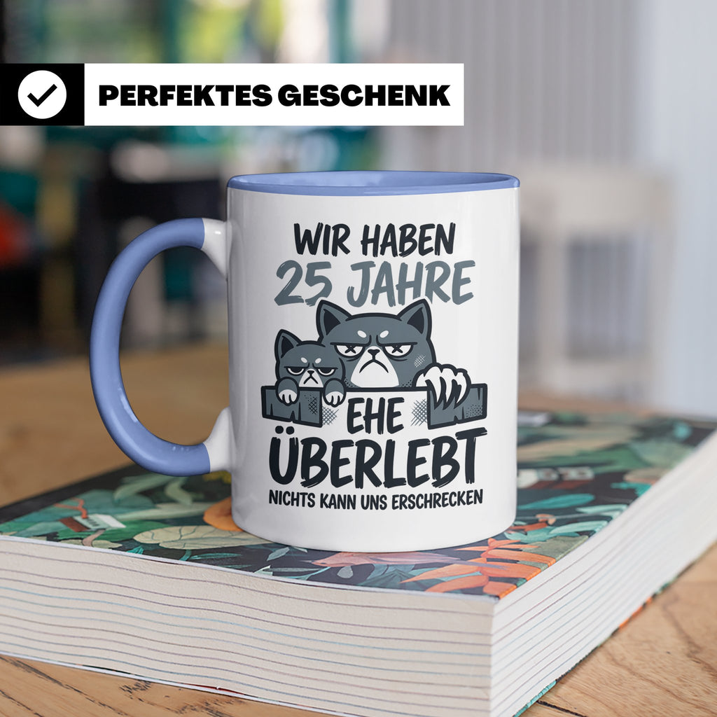 25. Hochzeitstag Tasse Silberhochzeit lustig mit Katze Motiv – Blau [farbe:blau]