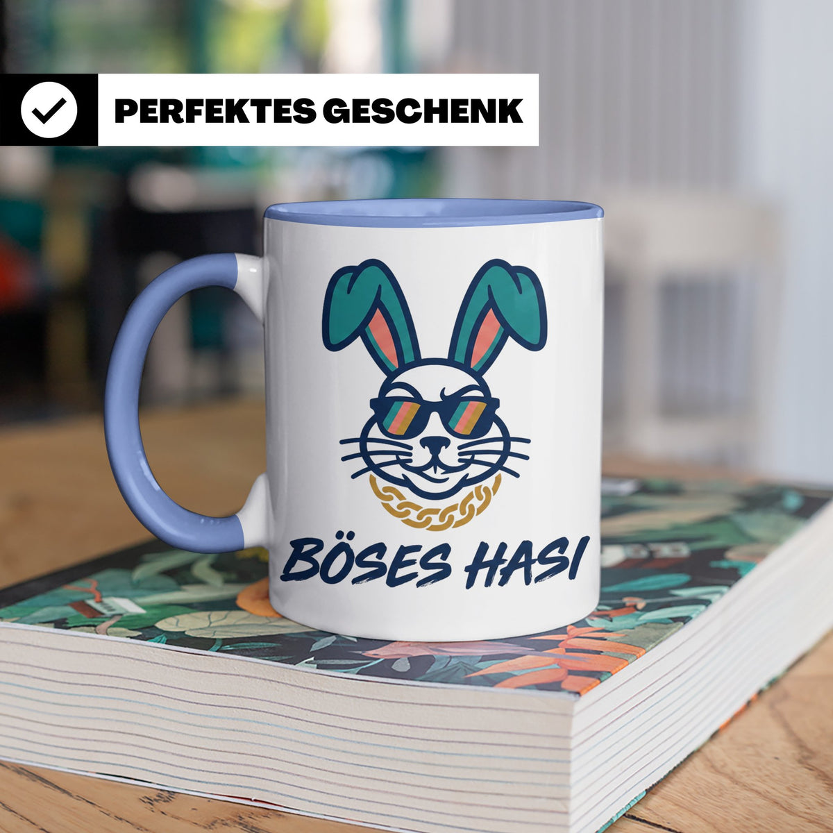 Böses Hasi Tasse lustig mit Spruch, cooler Gangster Hase mit – Blau [farbe:blau]