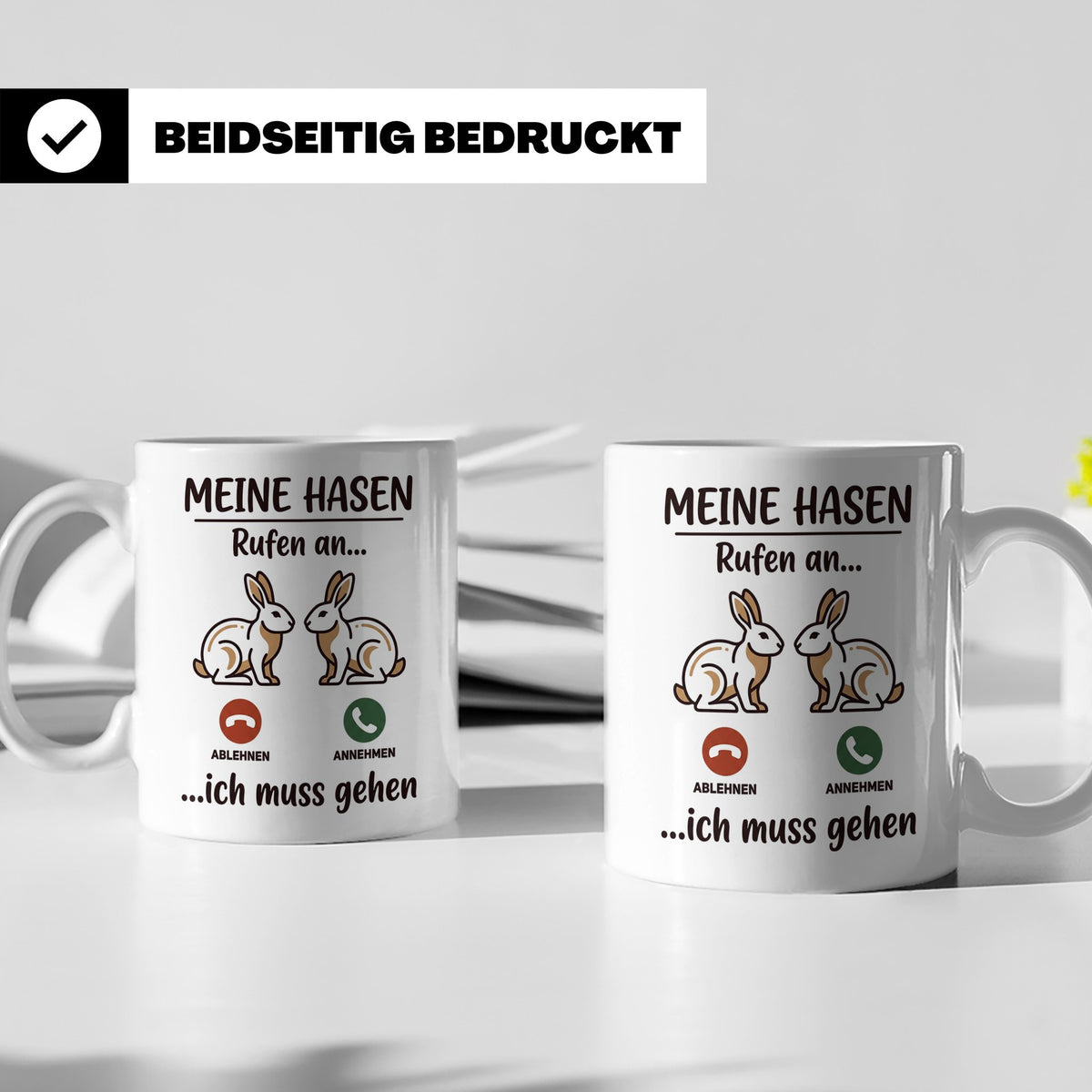Hasen Tasse mit Spruch 'Meine Hasen rufen an', lustiges Gesc – Weiß [farbe:weiß]