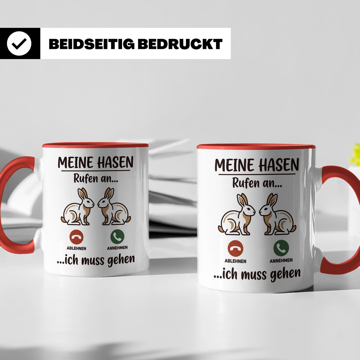 Hasen Tasse mit Spruch 'Meine Hasen rufen an', lustiges Gesc – Rot [farbe:rot]
