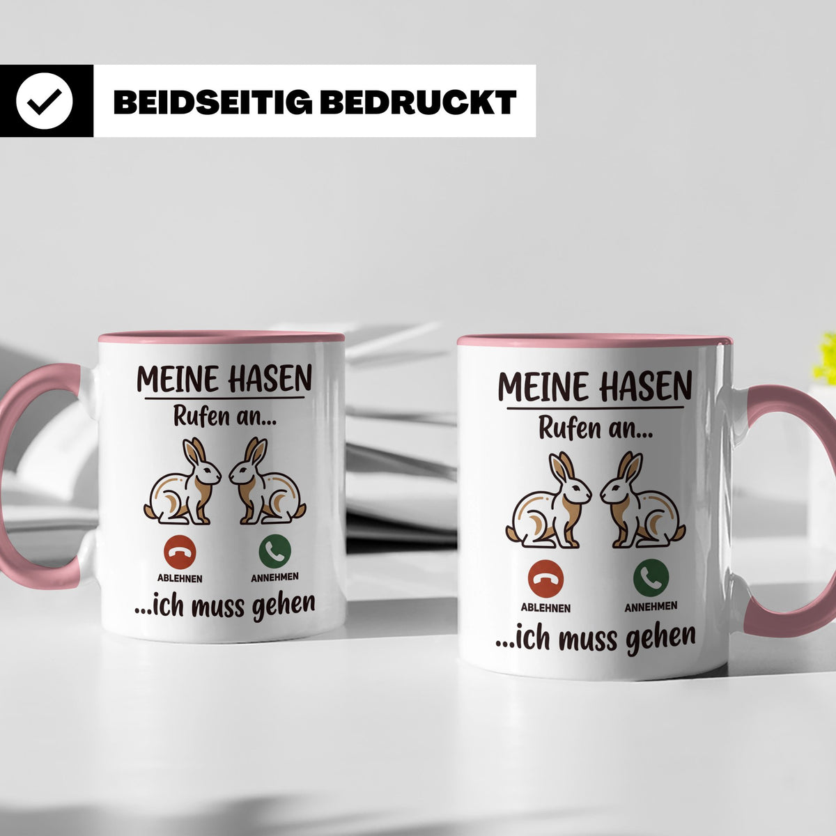 Hasen Tasse mit Spruch 'Meine Hasen rufen an', lustiges Gesc – Rosa [farbe:rosa]