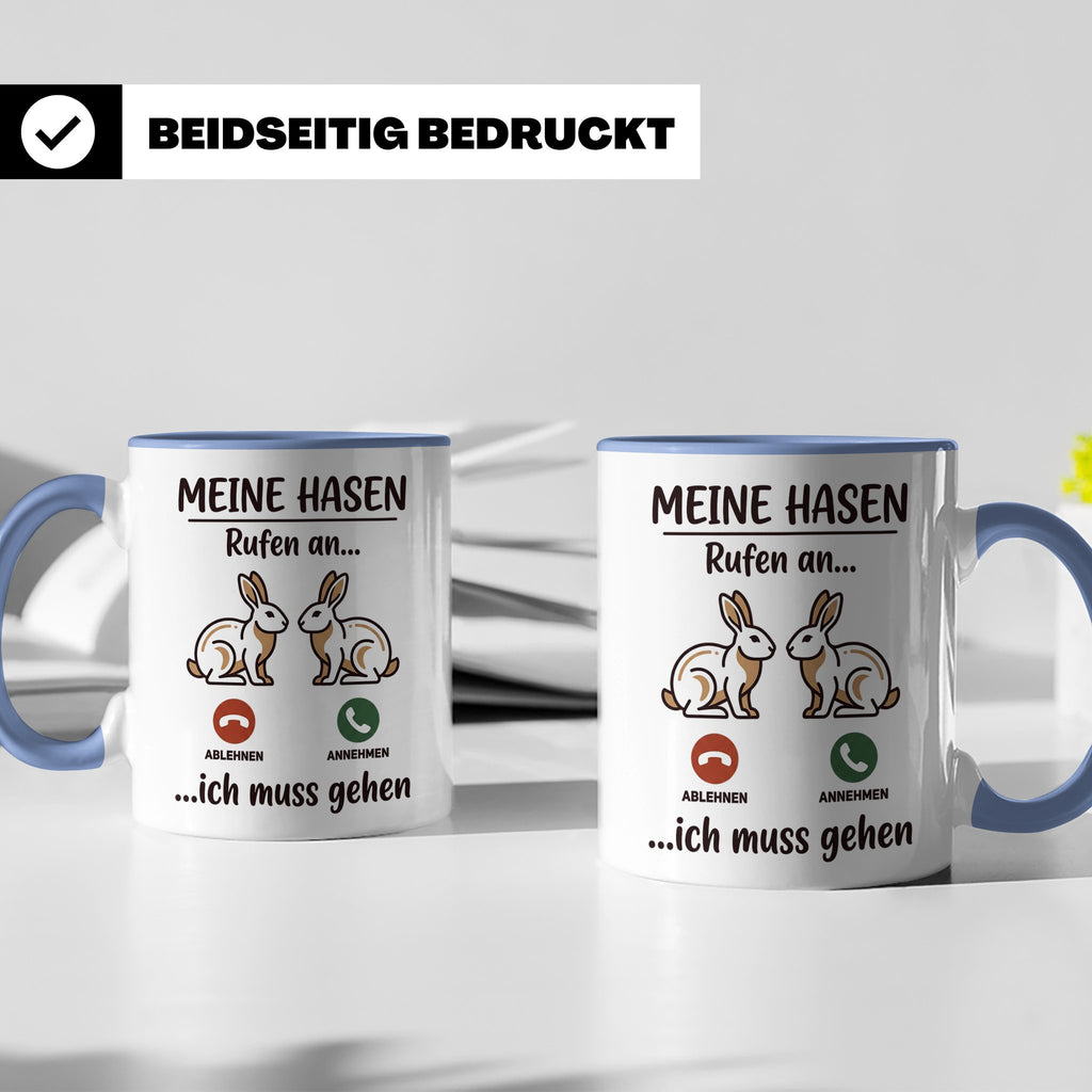 Hasen Tasse mit Spruch 'Meine Hasen rufen an', lustiges Gesc – Blau [farbe:blau]