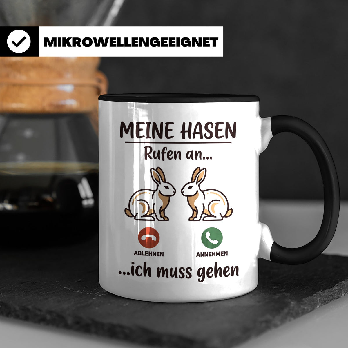 Hasen Tasse mit Spruch 'Meine Hasen rufen an', lustiges Gesc – Schwarz [farbe:schwarz]
