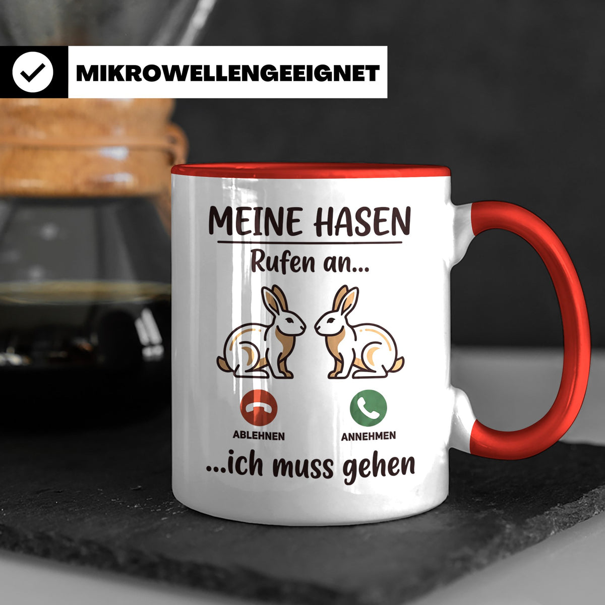 Hasen Tasse mit Spruch 'Meine Hasen rufen an', lustiges Gesc – Rot [farbe:rot]