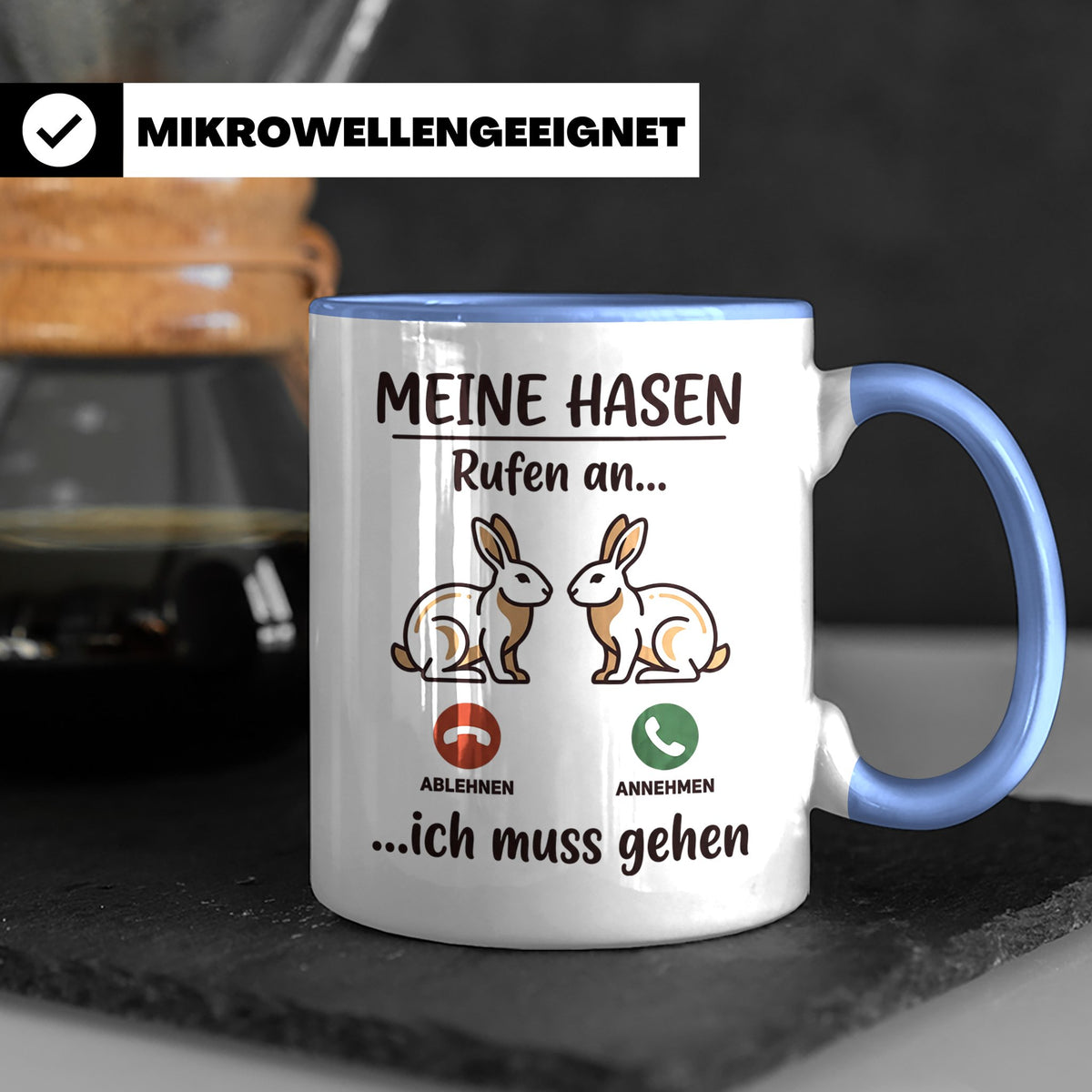 Hasen Tasse mit Spruch 'Meine Hasen rufen an', lustiges Gesc – Blau [farbe:blau]