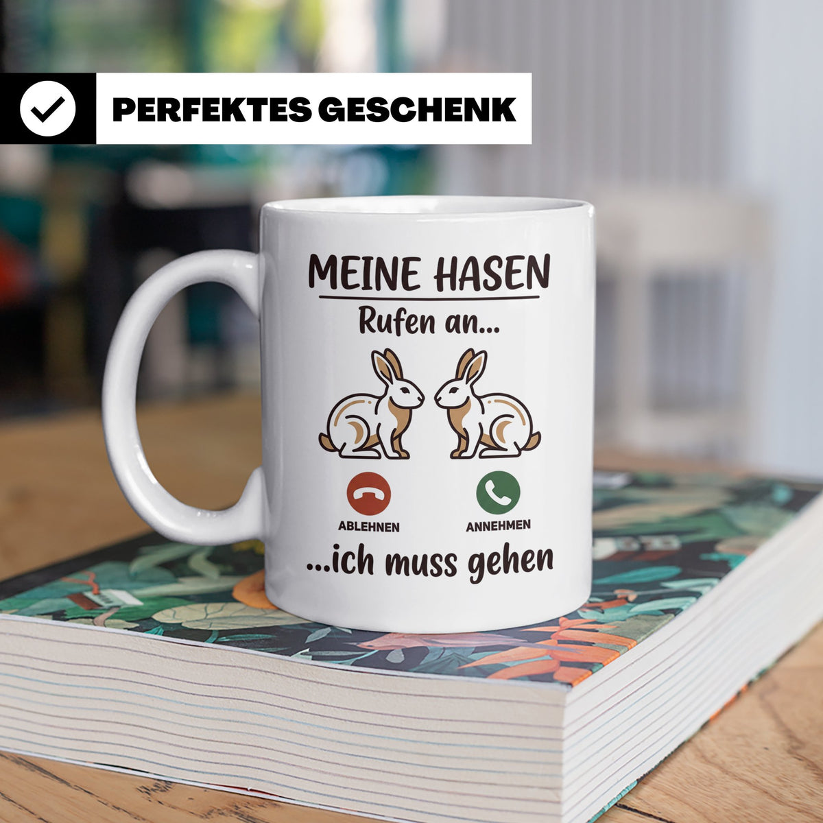Hasen Tasse mit Spruch 'Meine Hasen rufen an', lustiges Gesc – Weiß [farbe:weiß]