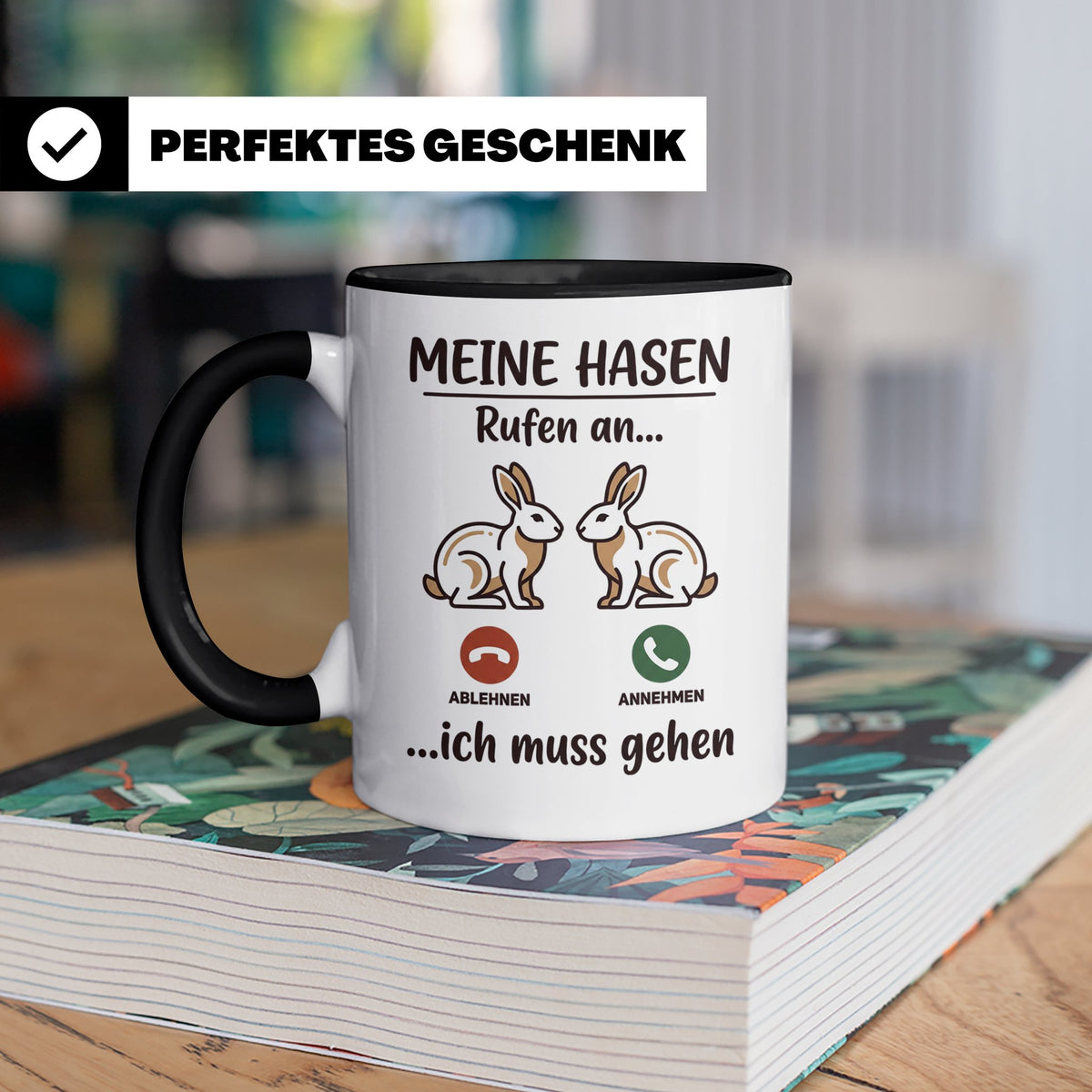 Hasen Tasse mit Spruch 'Meine Hasen rufen an', lustiges Gesc – Schwarz [farbe:schwarz]