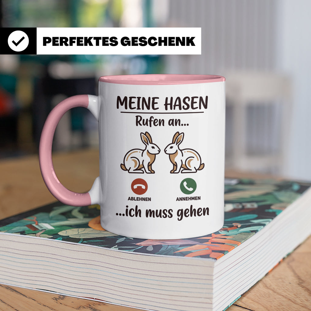 Hasen Tasse mit Spruch 'Meine Hasen rufen an', lustiges Gesc – Rosa [farbe:rosa]