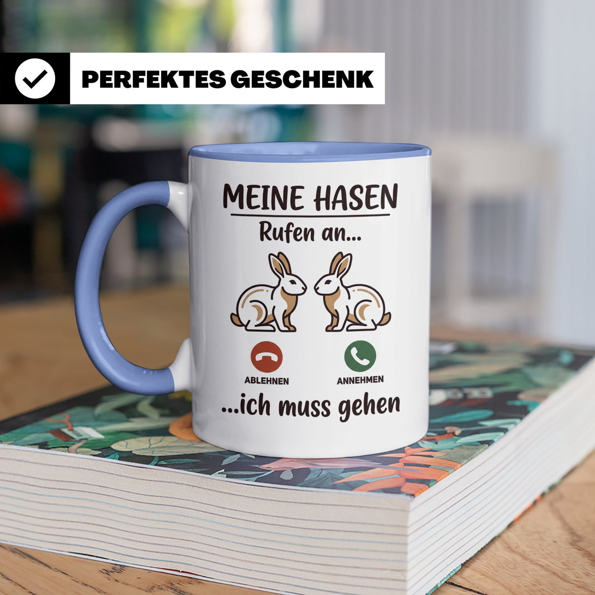Hasen Tasse mit Spruch 'Meine Hasen rufen an', lustiges Gesc – Blau [farbe:blau]