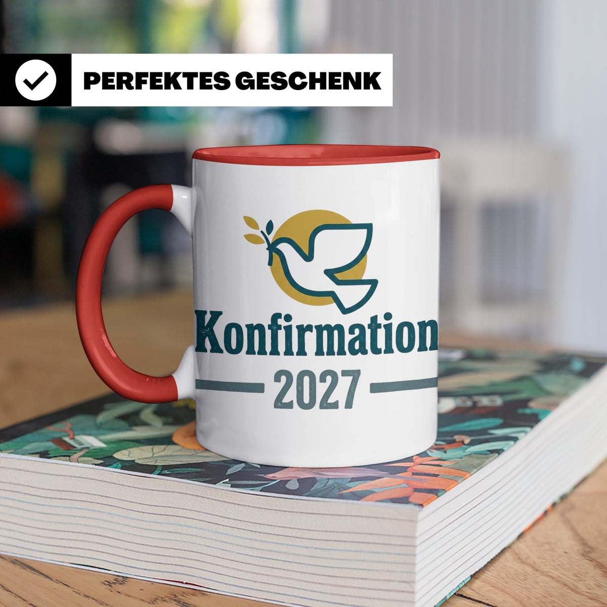 Konfirmation 2027 Tasse mit Taube, Geschenk für Konfirmand & – Rot [farbe:rot]