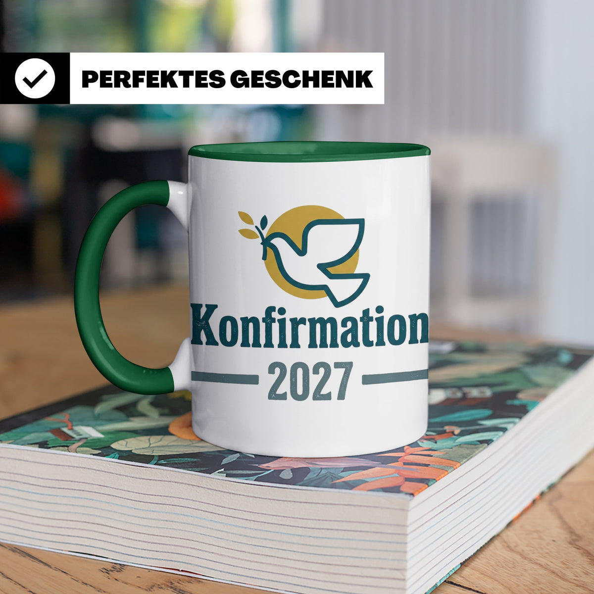 Konfirmation 2027 Tasse mit Taube, Geschenk für Konfirmand & – Grün [farbe:grün]