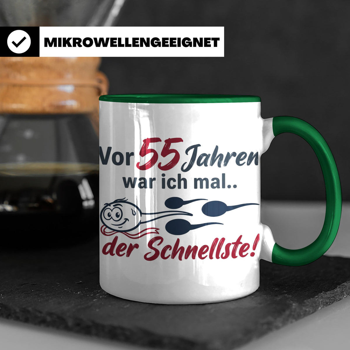 Tasse 55. Geburtstag Mann Geschenk lustig, Spruch "Vor 55 Ja – Grün [farbe:grün]