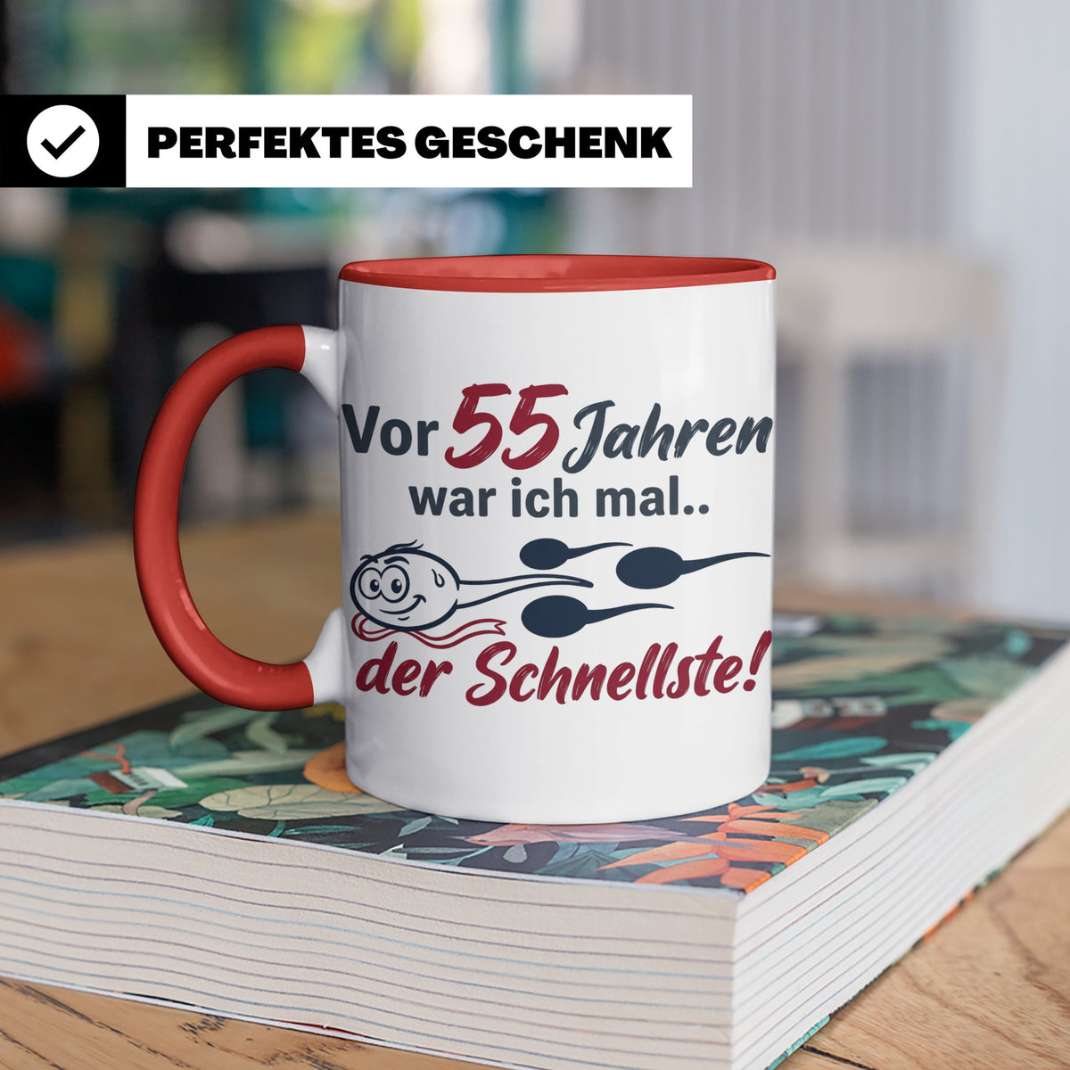 Tasse 55. Geburtstag Mann Geschenk lustig, Spruch "Vor 55 Ja – Rot [farbe:rot]