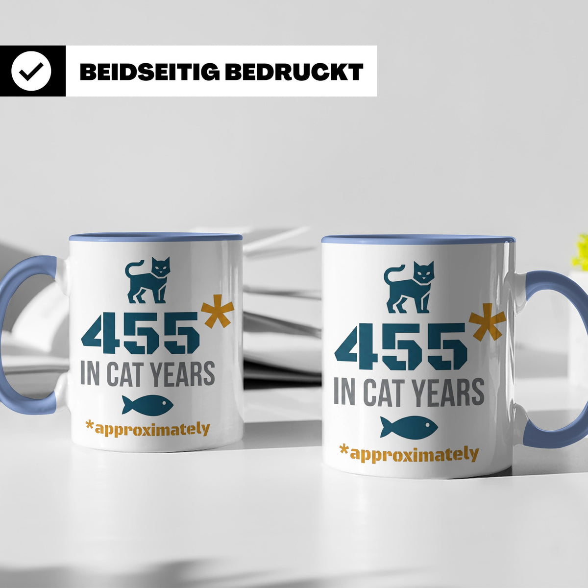 65. Geburtstag Tasse in Katzenjahren, lustiges Geschenk für  – Blau [farbe:blau]