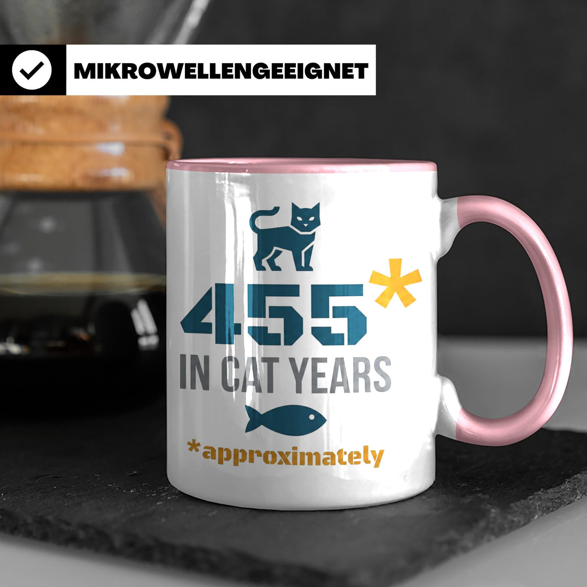 65. Geburtstag Tasse in Katzenjahren, lustiges Geschenk für  – Rosa [farbe:rosa]