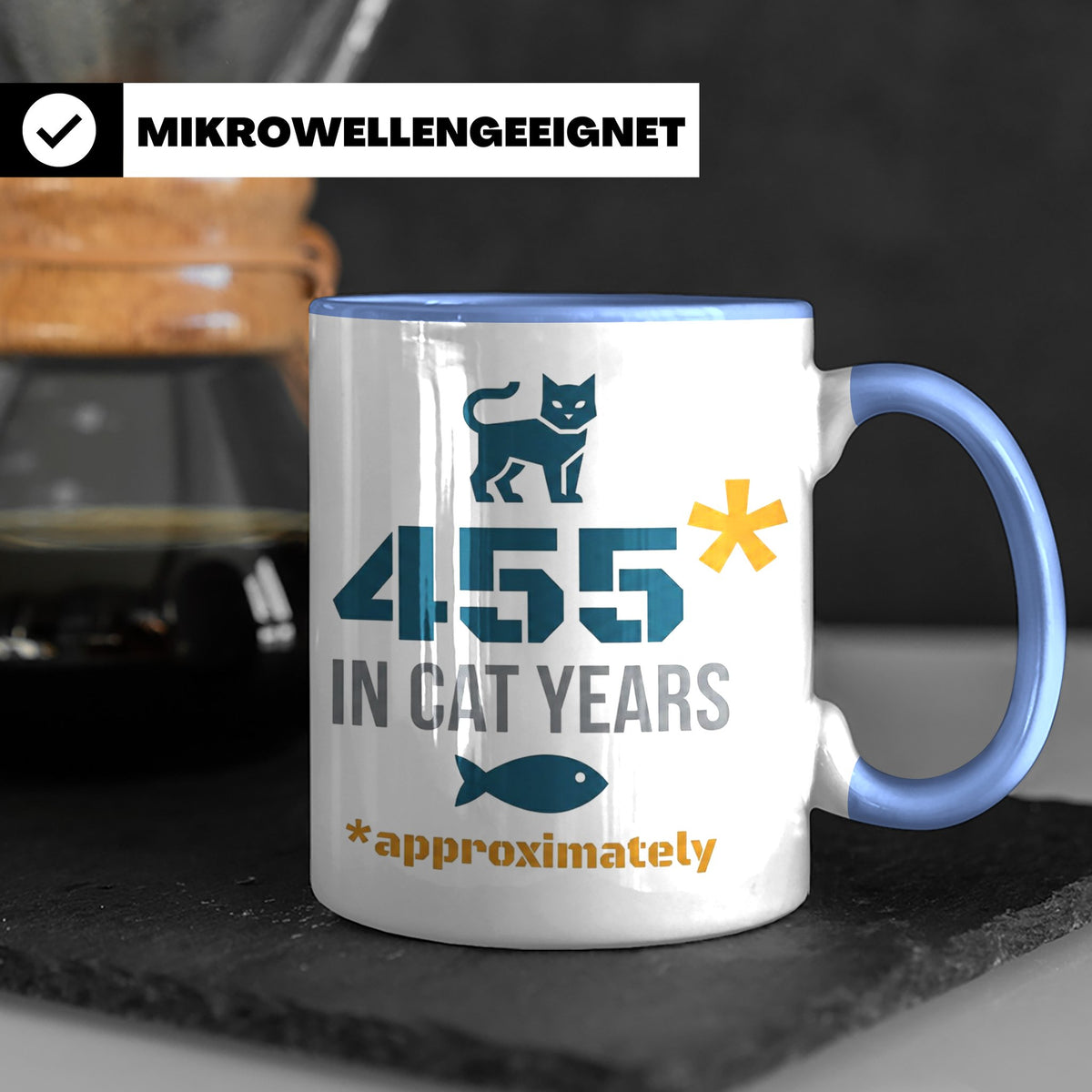 65. Geburtstag Tasse in Katzenjahren, lustiges Geschenk für  – Blau [farbe:blau]