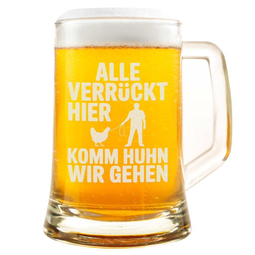 Witziger Bierkrug „Alle verrückt hier – komm Huhn wir gehen“ – Lustiges Geschenk für Hühnerhalter, Bauern & Tierfreunde