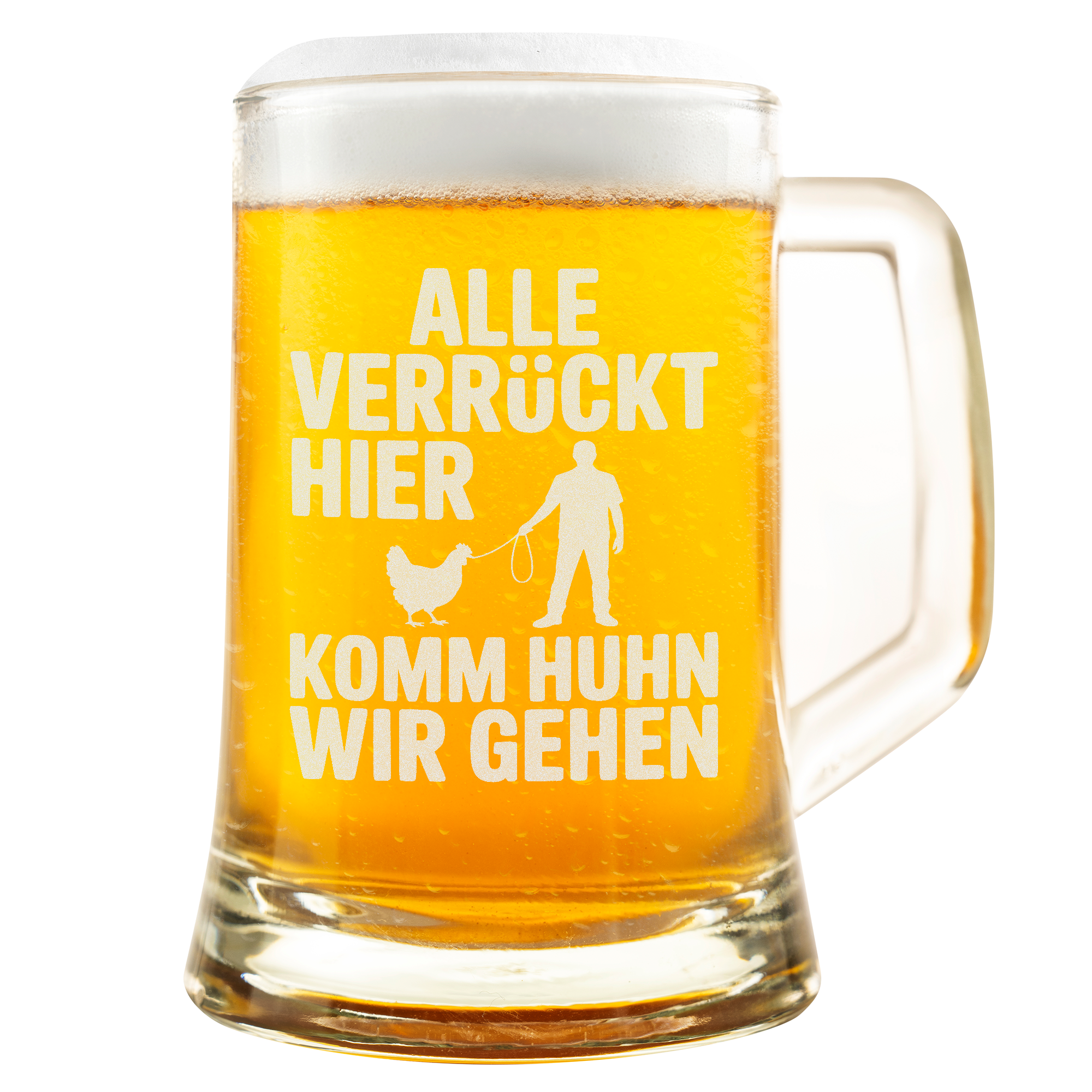 Witziger Bierkrug „Alle verrückt hier – komm Huhn wir gehen“ – Lustiges Geschenk für Hühnerhalter, Bauern & Tierfreunde