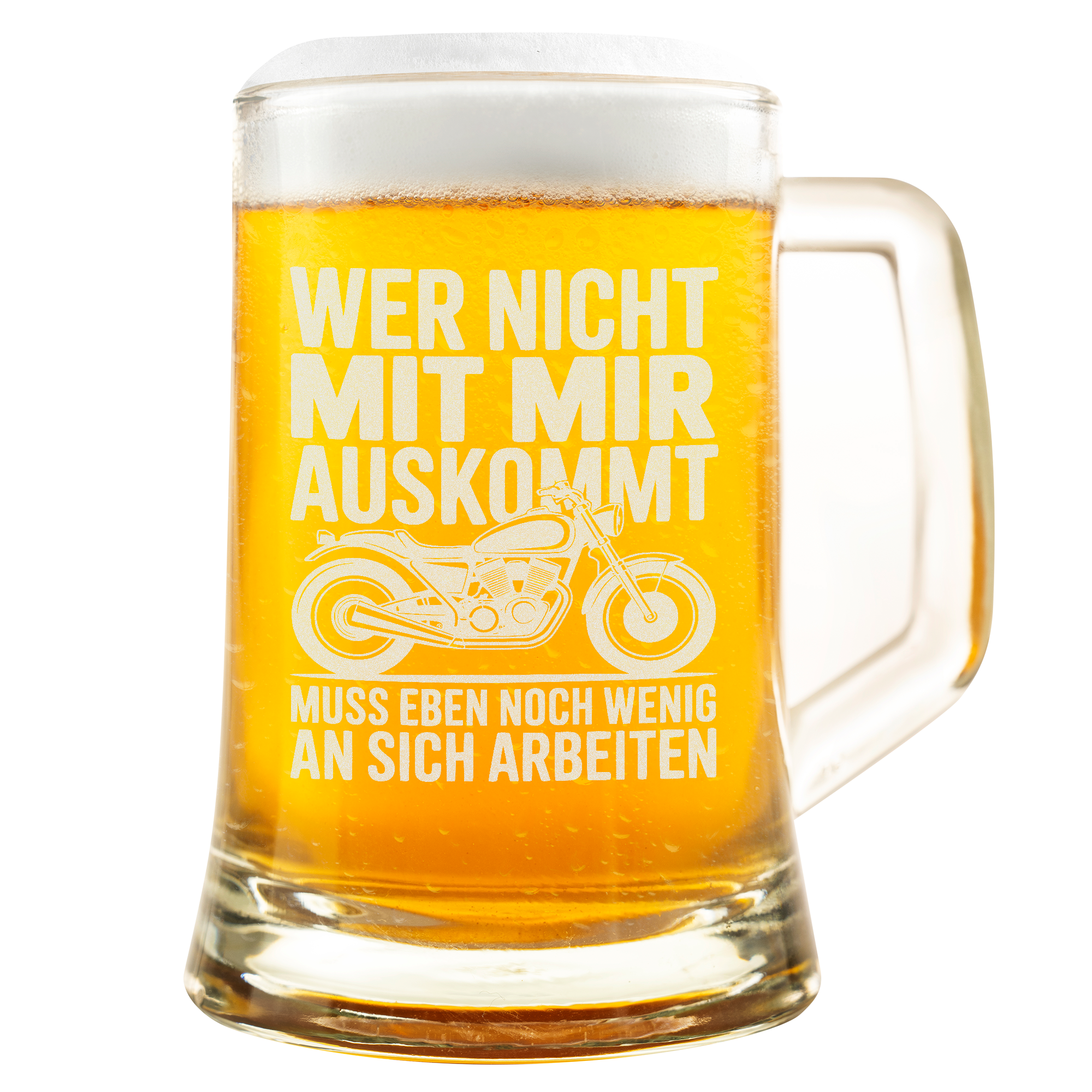 Bierkrug – Wer nicht mit mir auskommt Motiv, witziger Spruch für Motorradfahrer, Geschenkidee für Biker & Motorradfans