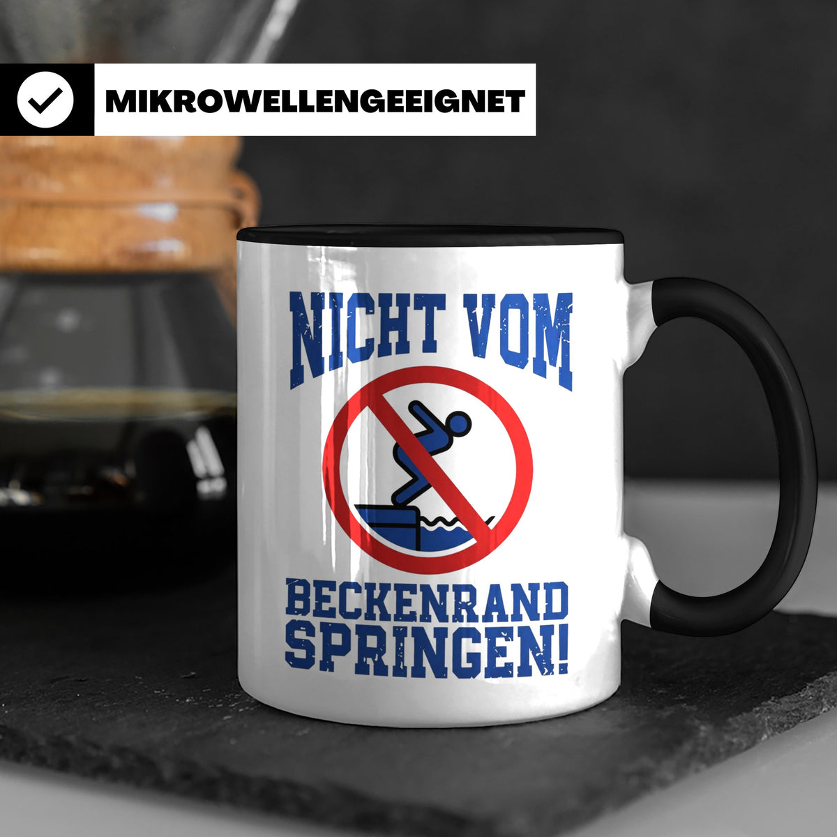 Bademeister Tasse Nicht vom Beckenrand springen lustiger Spr – Schwarz [farbe:schwarz]