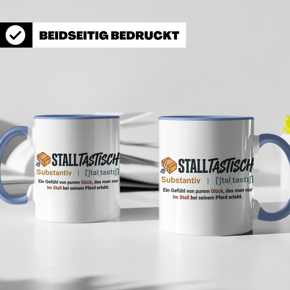 Pferde Tasse Stalltastisch Spruch, Geschenk für Reiterin, Ka – Blau [farbe:blau]