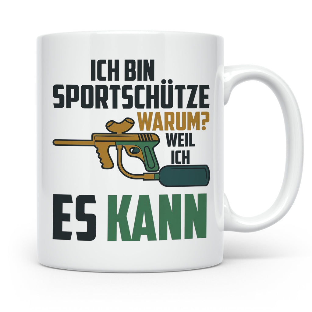 Paintball Tasse mit Spruch 'Ich bin Sportschütze weil ich es – Weiß [farbe:weiß]
