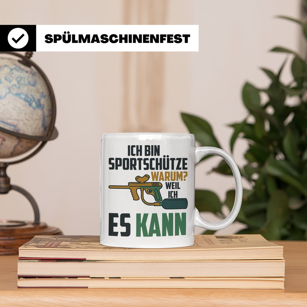 Paintball Tasse mit Spruch 'Ich bin Sportschütze weil ich es – Weiß [farbe:weiß]
