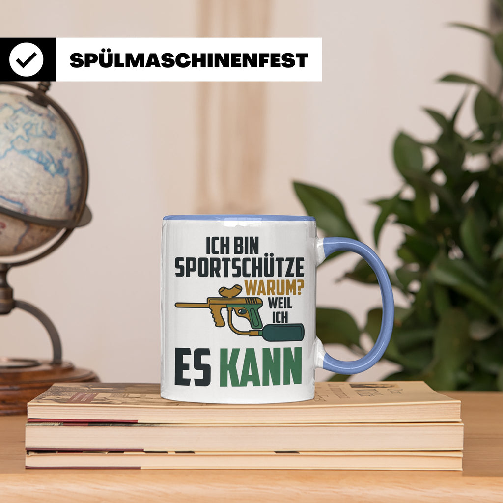 Paintball Tasse mit Spruch 'Ich bin Sportschütze weil ich es – Blau [farbe:blau]